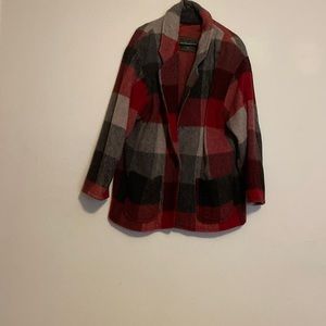 This jacket is a size, large checker, color, red, white, and black